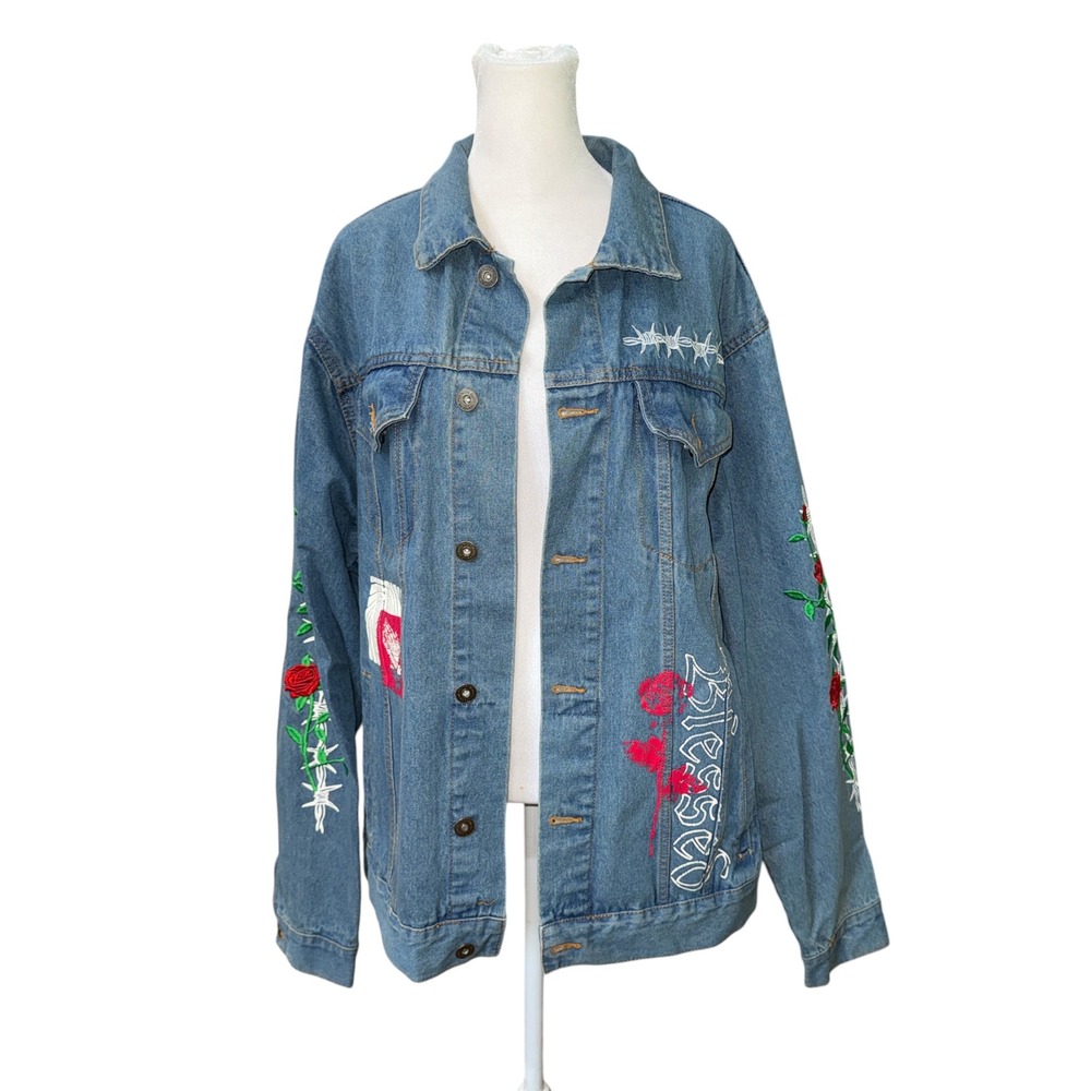Brooklyn Cloth Mens XL Denim Jacket Blue Blessed Rose Barbed Wire Embroidered